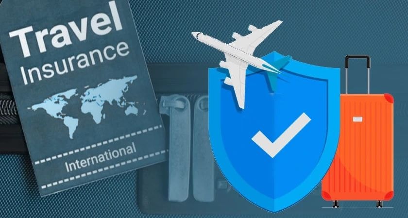 International travel insurance illustration with passport and suitcase